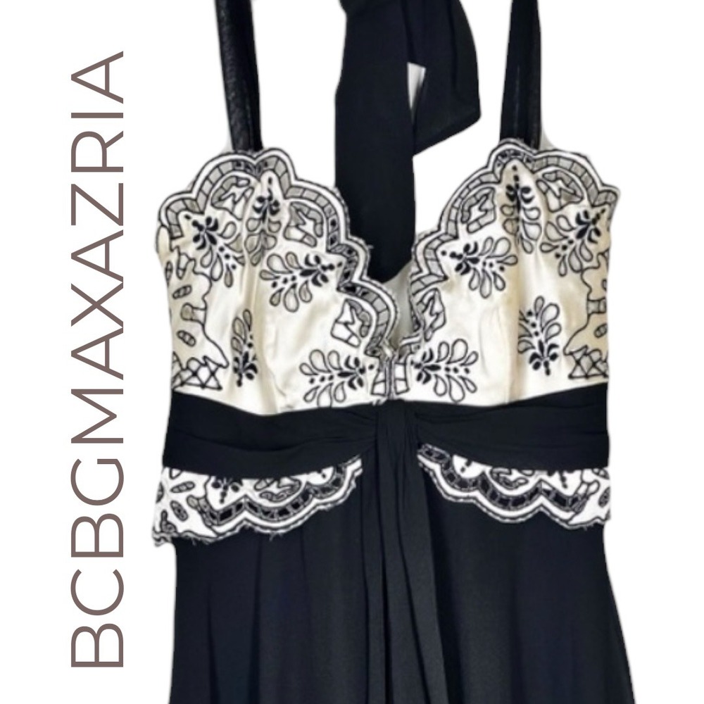 BCBGMAXAZRIA Halter Dress Black Ivory Embroidered‎ Y2K Evening Size 0 - Picture 5 of 13